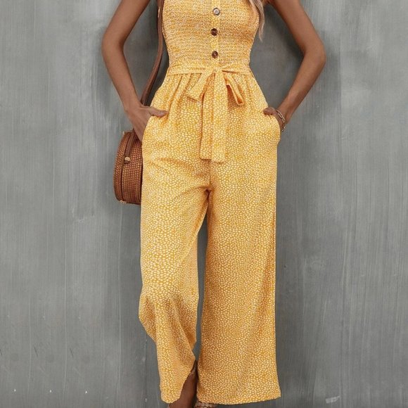 Yellow Boho Womens Allover Print Pocket Side Belted Tube Jumpsuit - Picture 9 of 9